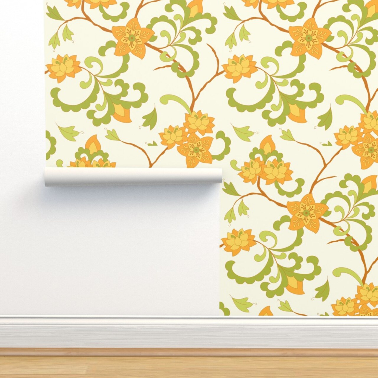 Trailing Floral Orange Chintz Indian Botanical Green Cream Retro Flowers Custom Removable Wallpaper by Spoonflower Peel & Stick Wallpaper 2FT Wide